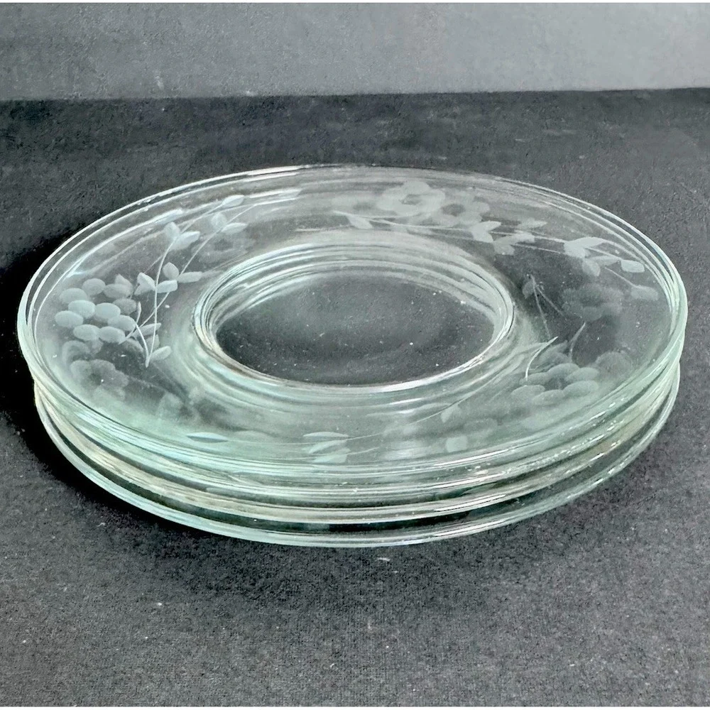 (4) Libbey‎ Halifax By Rock Sharpe Clear Floral Etched Glass Dessert Plate